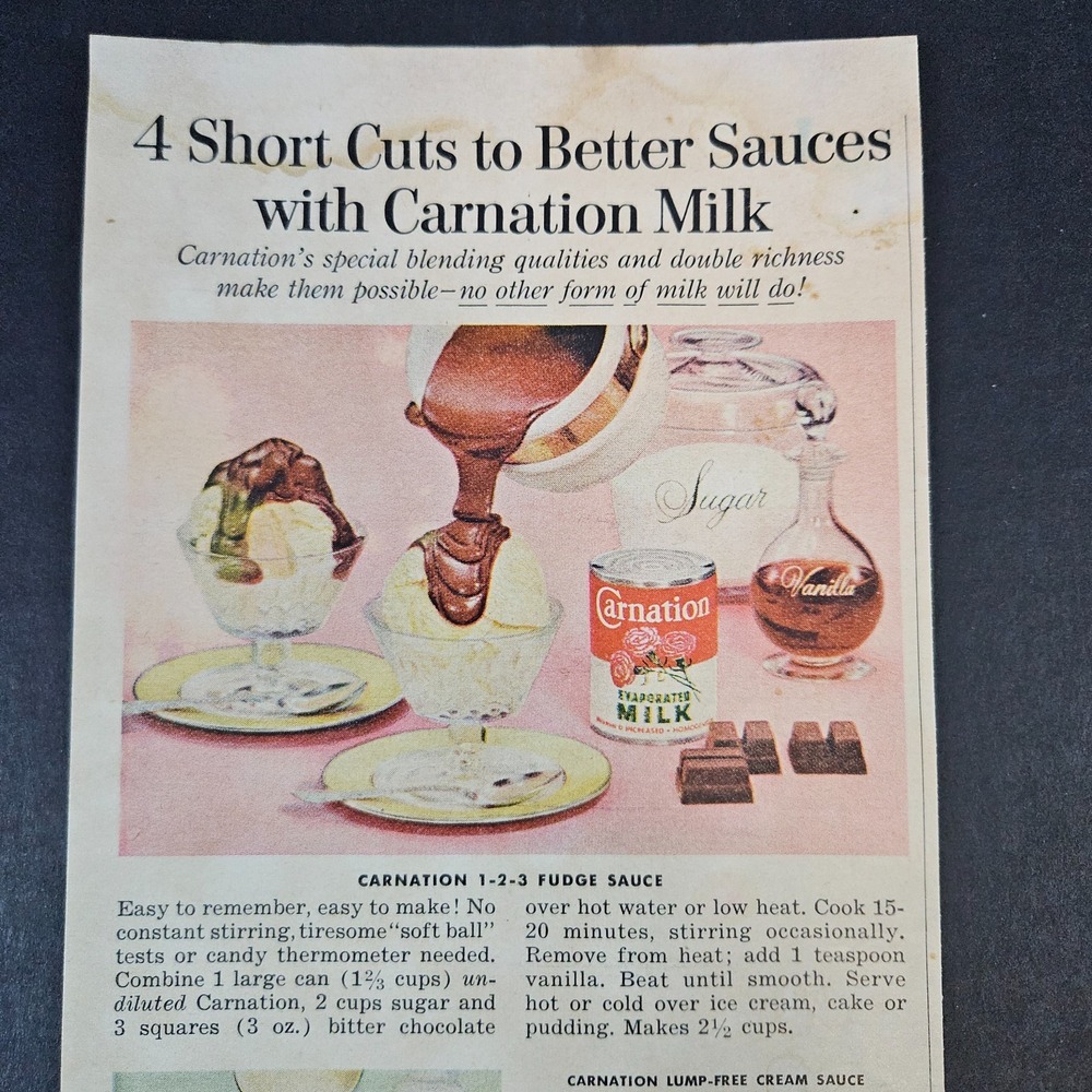 1955 Carnation Milk Sauces Vintage Print Ad Fudge Cream Cheese Butterscotch